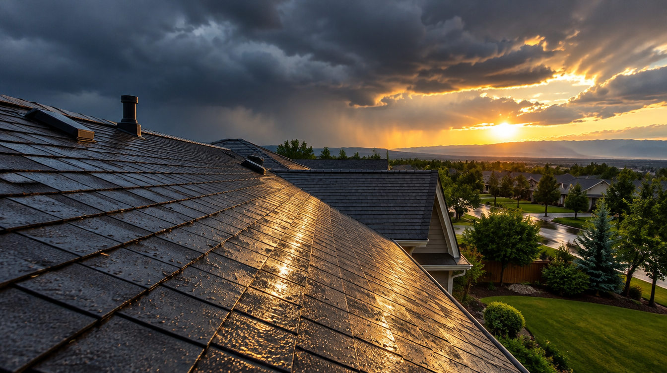 Illustrative storm-roof imagery for Meridian-area homes (AI-generated filler, not a Team job photo)